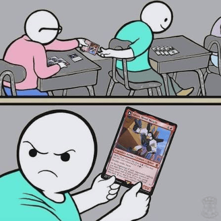 A cartoon depicting two characters in a classroom; one character is passing a trading card to another, who is sitting at a desk looking frustrated while holding a card labeled 'Mind Wheel Witch'.
