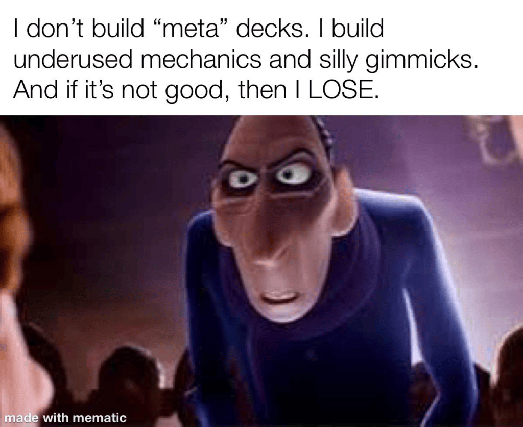 A character from an animated movie exclaims about building unconventional game decks focusing on underused mechanics and silliness, emphasizing the risk of losing if it doesn't work.